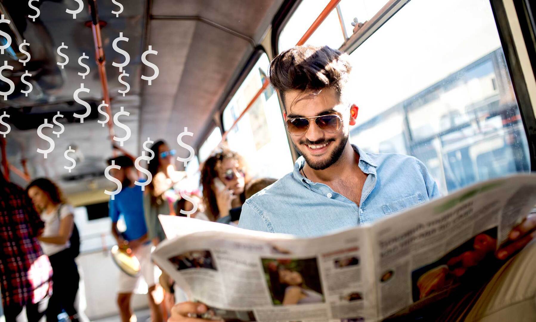 man reading paper on a bus with dollars signs in the air