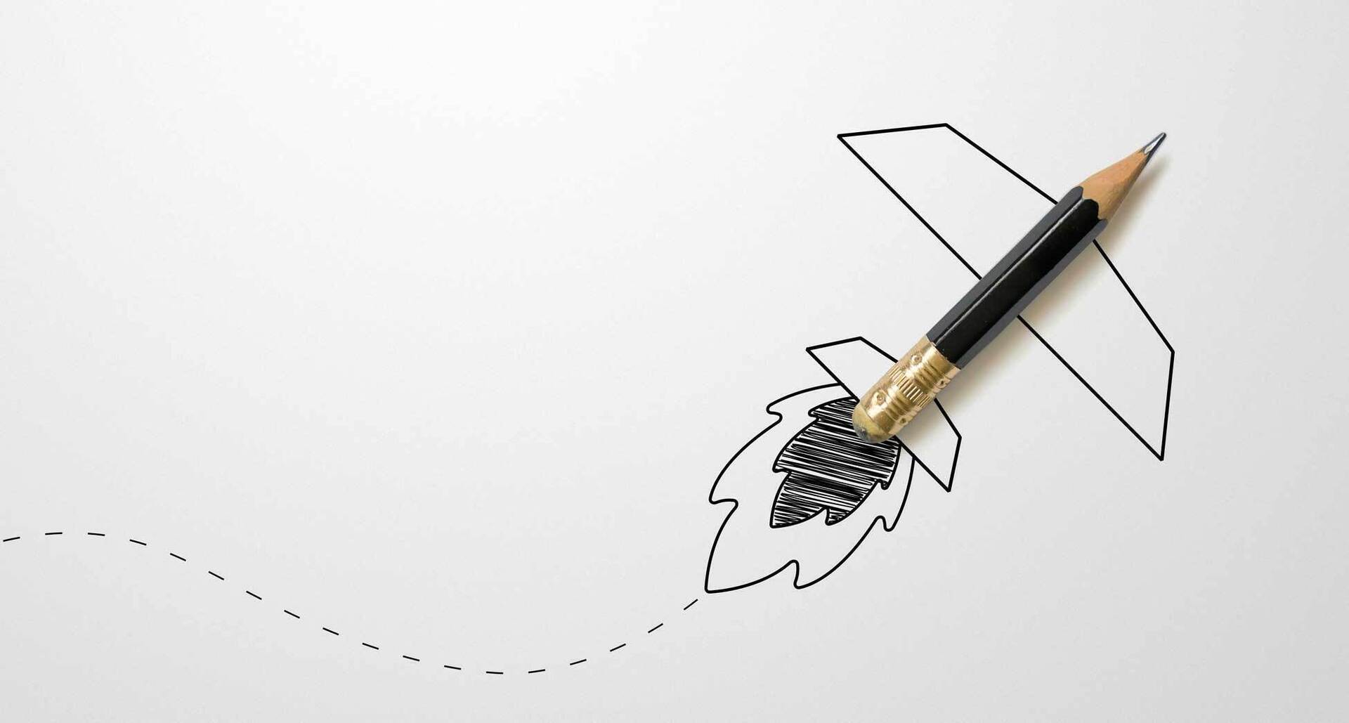 Pencil with illustrated wings and flames resembling a rocket.