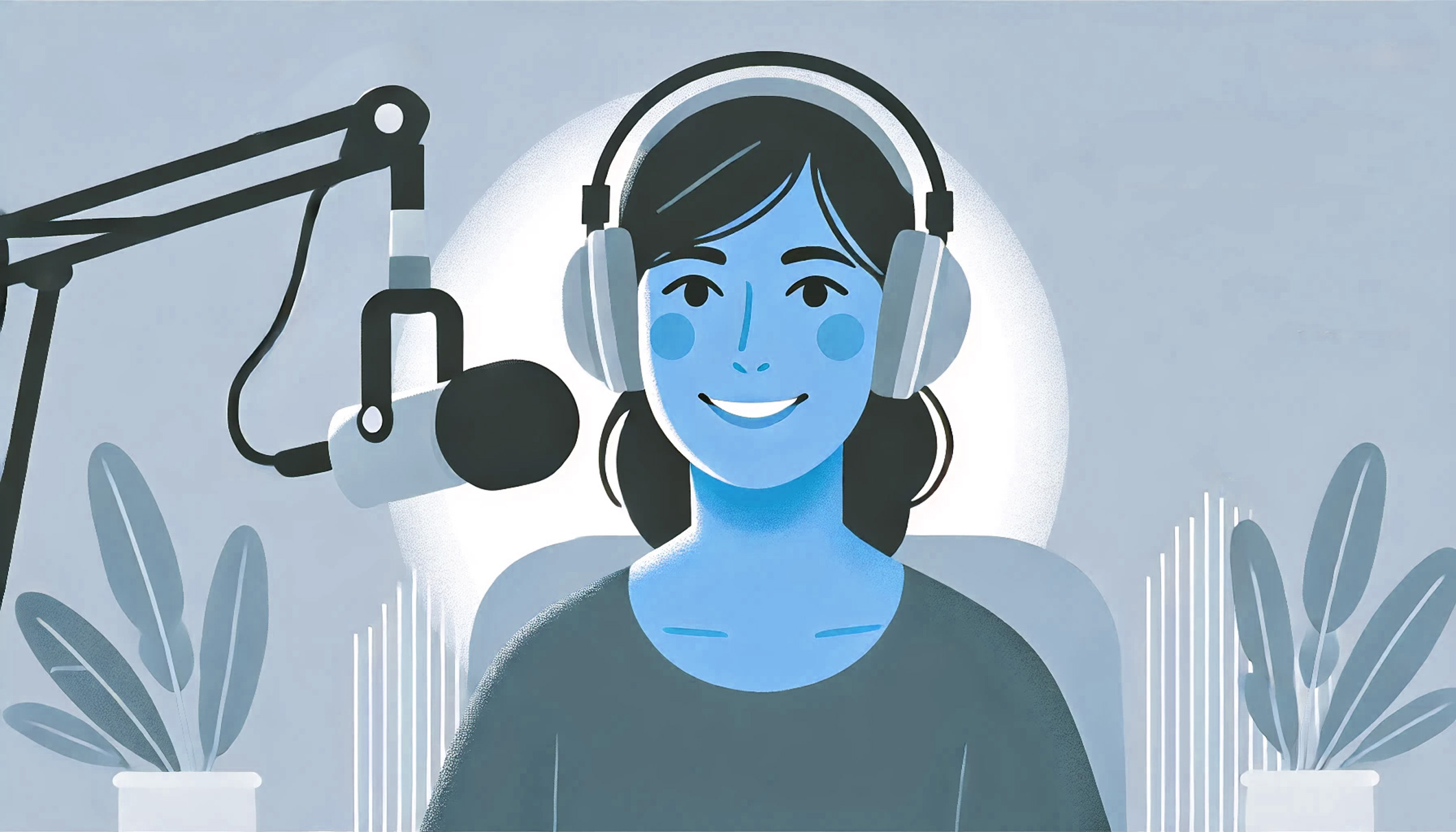 A woman sits in a podcast studio smiling behind a microphone