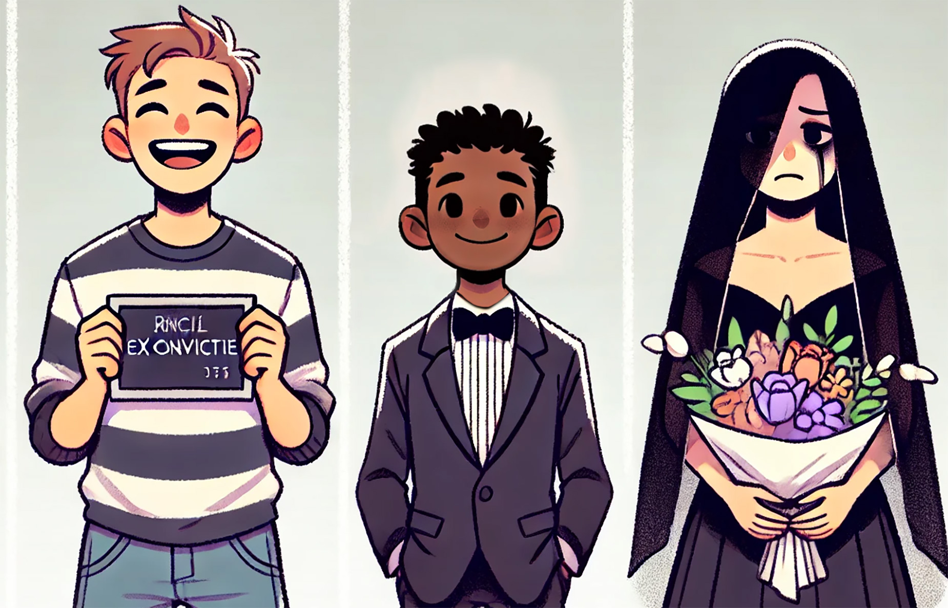 A three panel illustration shows an ex-con with a kind smile on his face, a kid in a tuxedo, and a woman in a black dress and black veil, holding flowers.