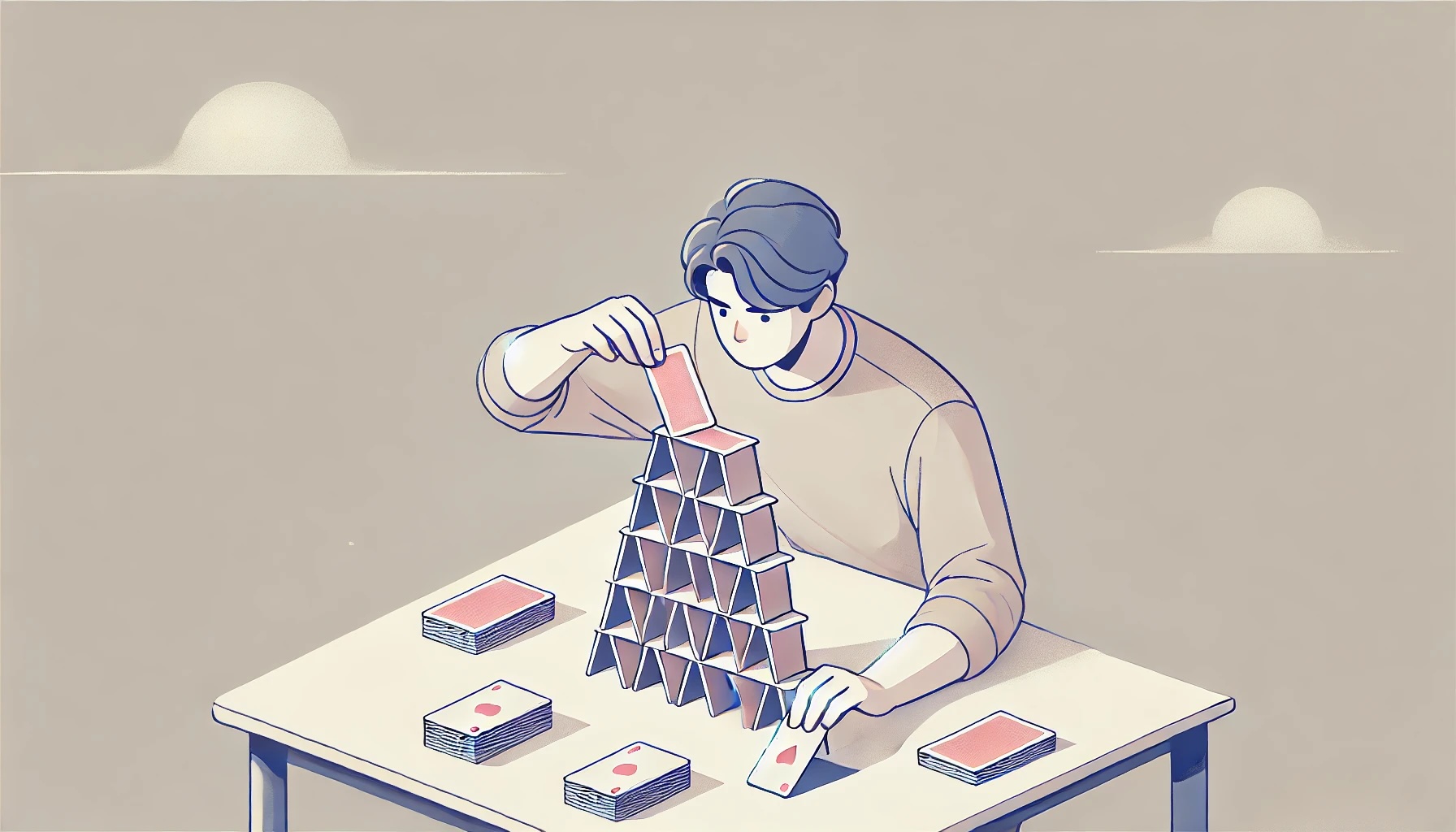 Illustration of a person building a tower made of playing cards on a table.