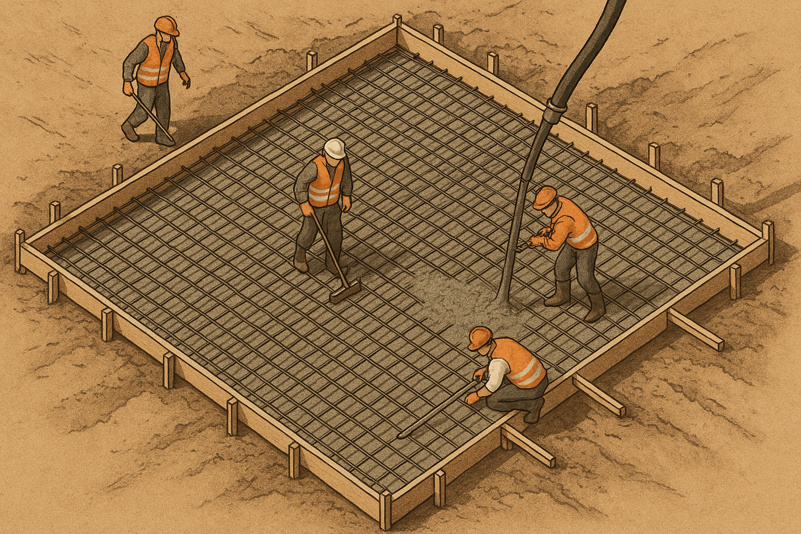 Illustration of workers pouring a concrete foundation.