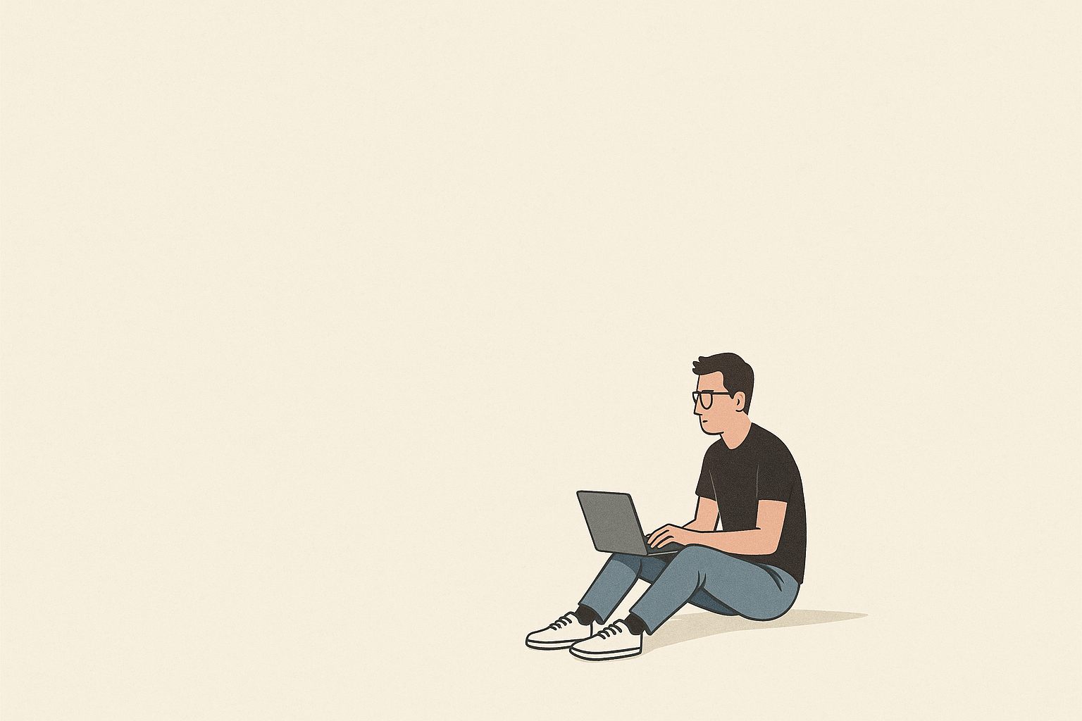 Illustration of a tech person sitting on the floor with a laptop. He's surrounded by lots of white space and looks alone.