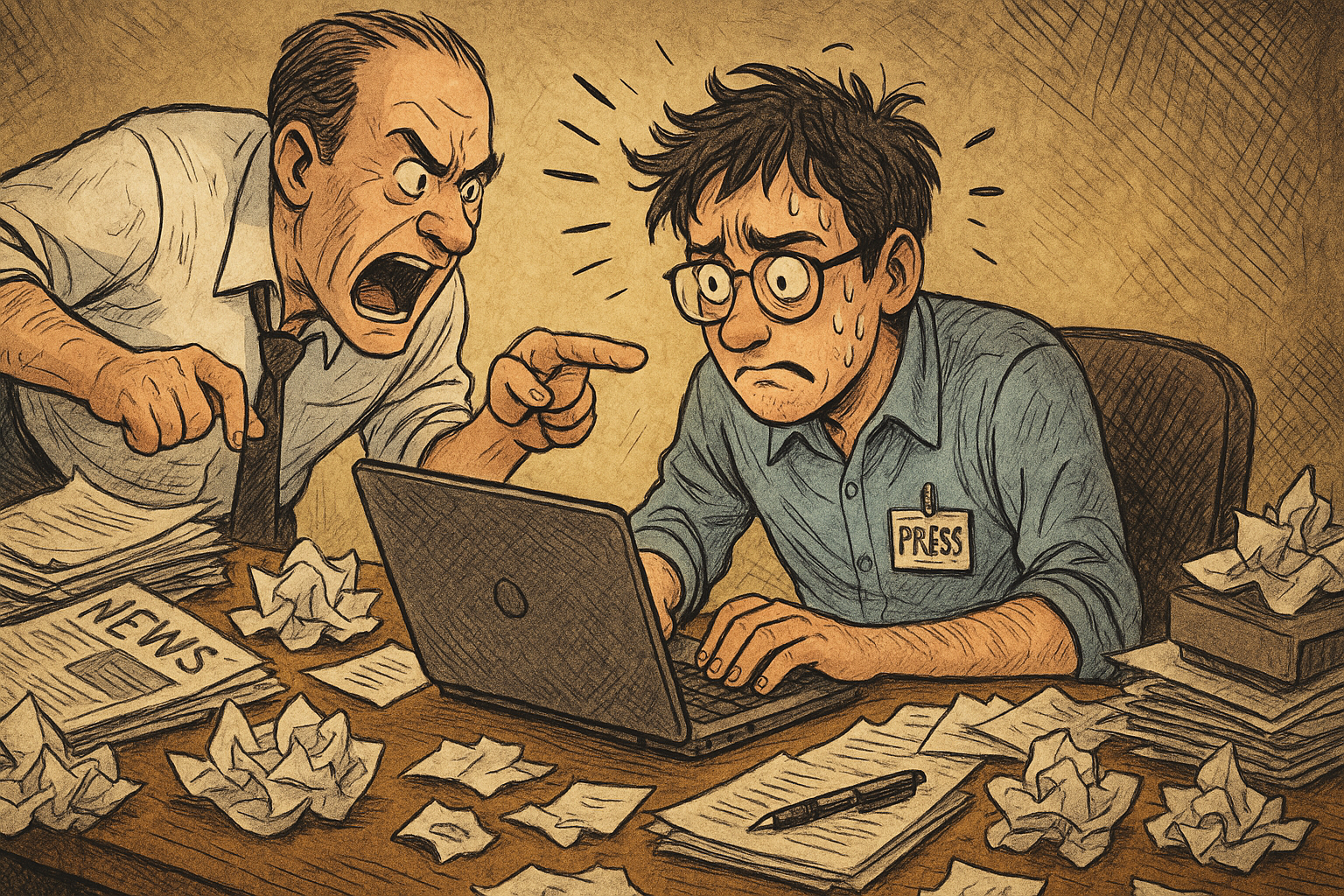 Illustration of a journalist getting yelled at by his editor. There are crumpled papers everywhere and he looks disorganized.