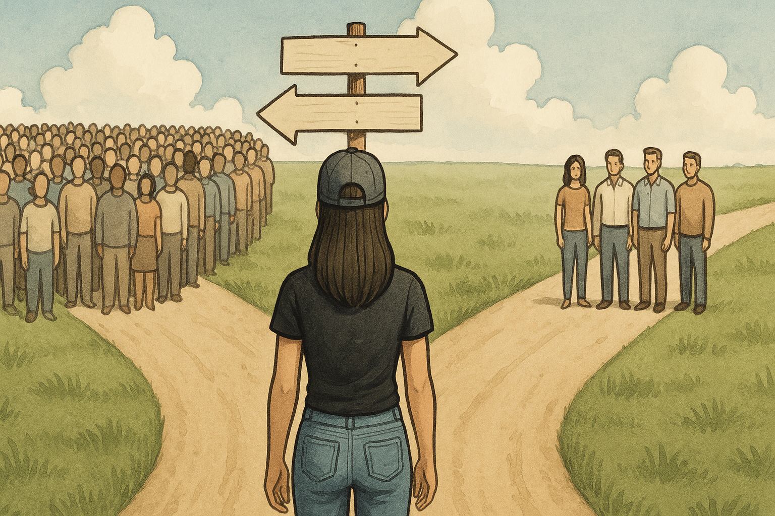 Illustration of a woman deciding which path to take at a fork in the road. One path shows a group of hundreds of people. The other path shows 4 people.