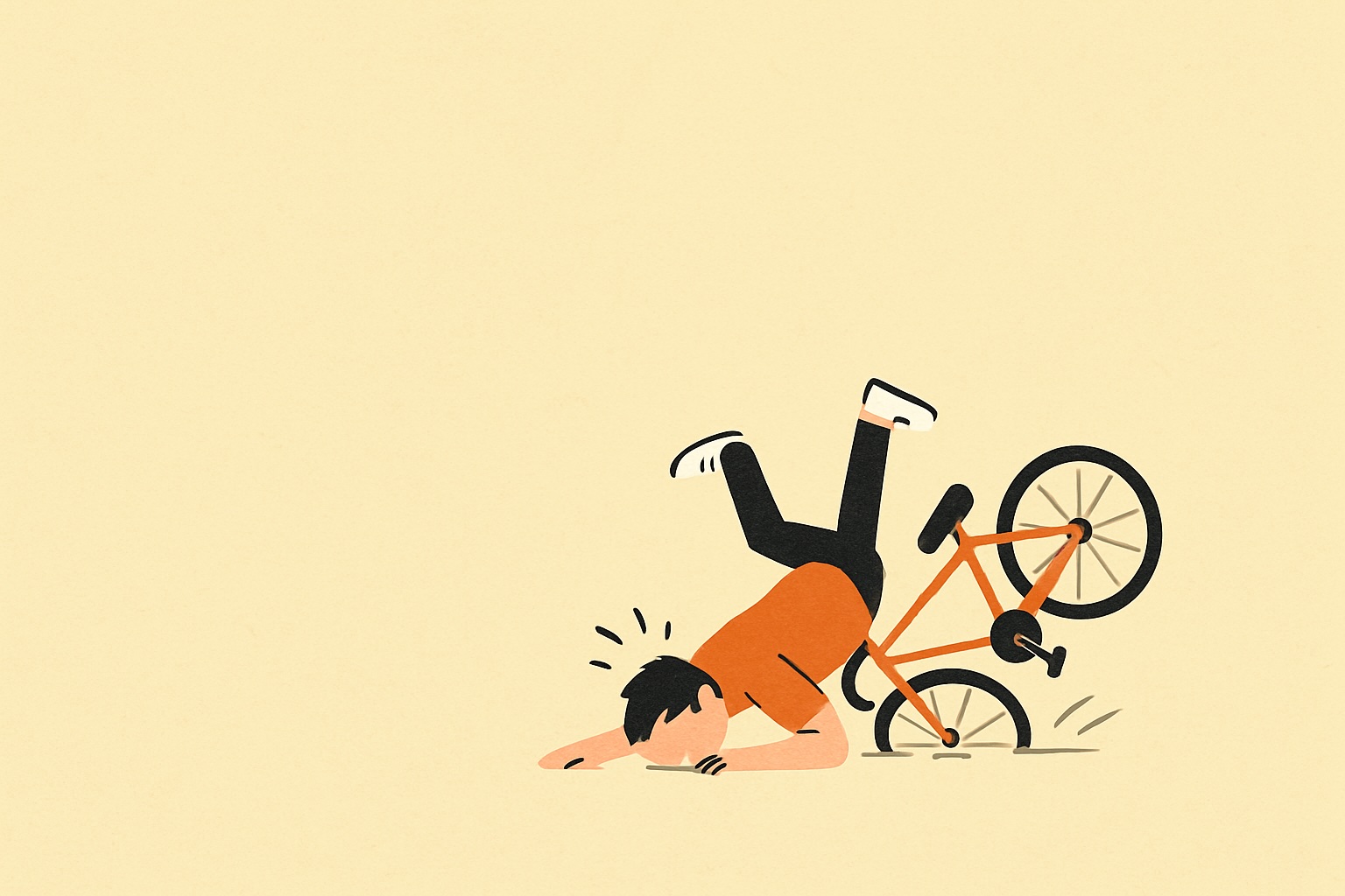 Comical illustration of a man falling off his bike, smashing his face into the ground.