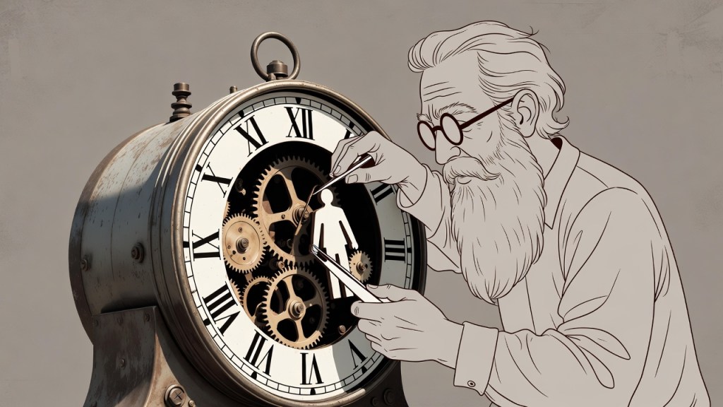 Illustration of a man repairing a clock. He is trying to fit a person into the clock as if the person is a cog.